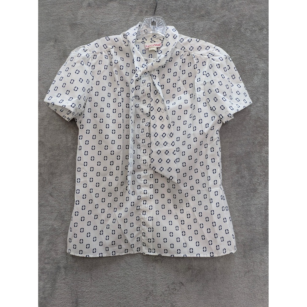 Vintage Mod Pussybow Blouse Womens 12 White Navy Geometric Short Sleeve Tie Neck